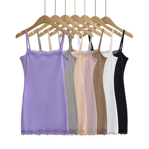 Womens Sexy Solid Color Spaghetti Straps Lace Trim Slinky