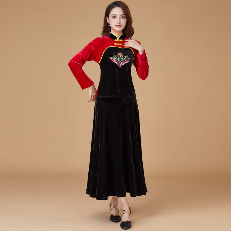 衣长立领舞蹈裙套装广场中老年跳舞秋冬新款绣花金丝绒女服服装舞