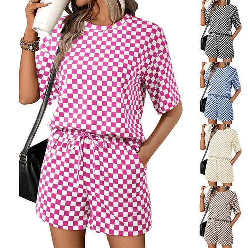 Women's 2-Piece Casual Outfit Checkerboard Crop Top T-Shirt