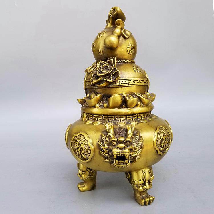 铜葫芦福禄进宝聚宝盆摆件八方来财百福葫芦龙头三足聚宝盆
