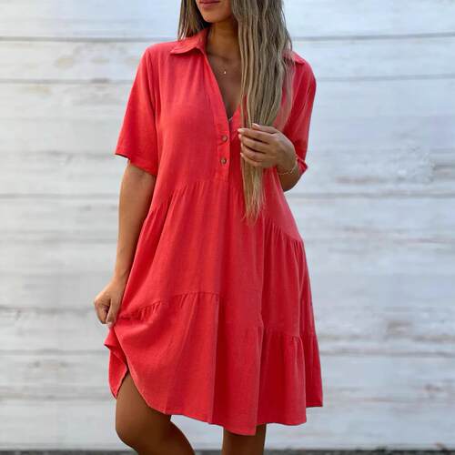 Skirt collar short sleeved cotton linen dress