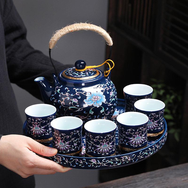 景德镇青花覆古陶瓷大茶壶茶杯