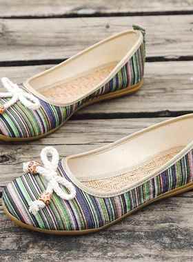 正品新款女鞋老绣北京布子鞋平跟民族风白色花鞋单平底妈妈亚麻大