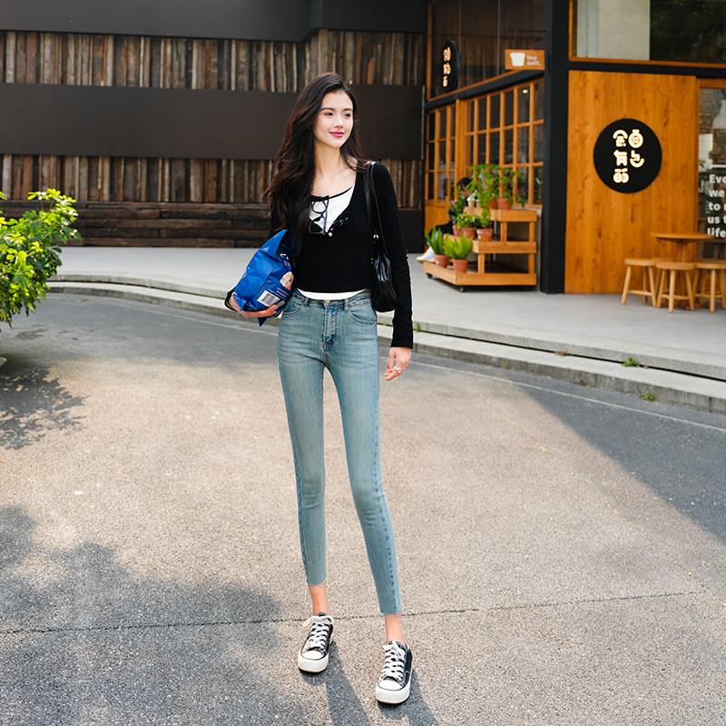 简珀绿调蓝色新款高弹力牛仔烟管裤女显瘦修身高腰九分提臀铅笔裤