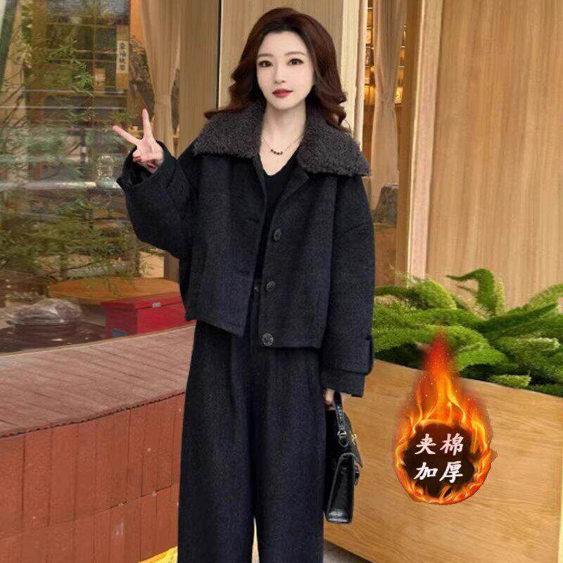 香港代购时尚毛呢套装女冬新款羊羔毛翻领保暖短外套阔腿裤两件套