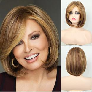 Female wig with slanted bangs, golden wig head, synthetic