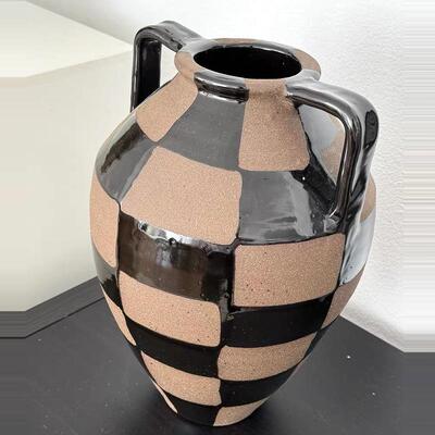 法式中古黑咖双耳风瓷陶花瓶厅样板间软CH-C2301装手绘棋盘客花器