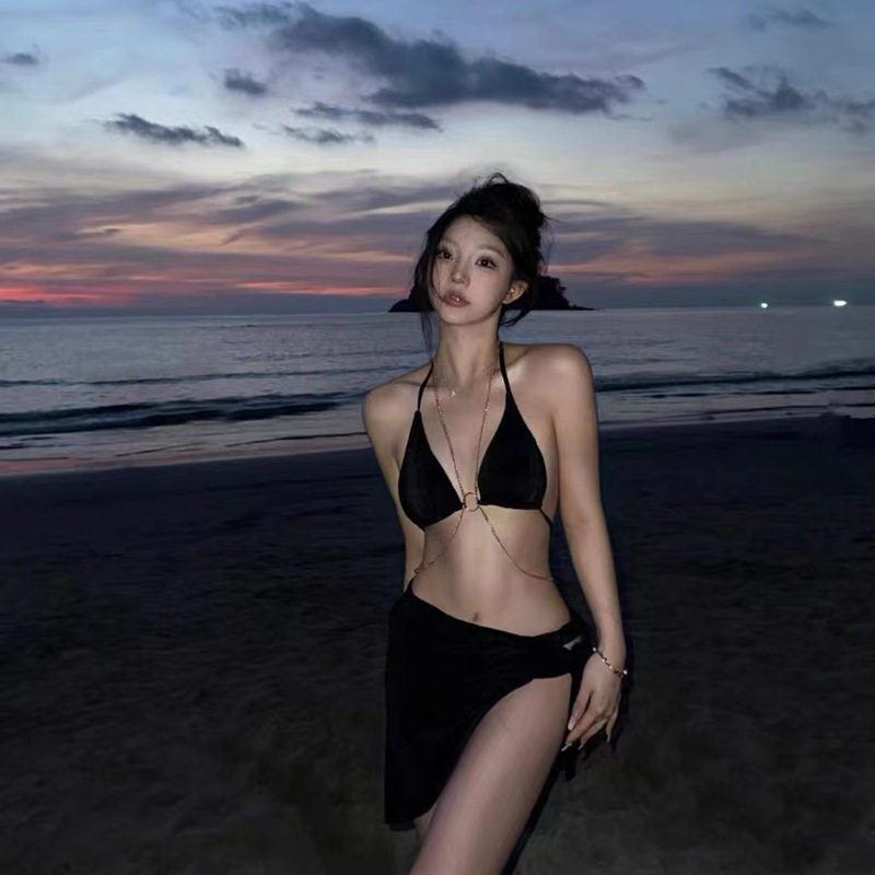 泳衣女纯欲辣妹ins网红黑色链条分体三点式欧美比基尼三件套度假,运动/瑜伽/健身/球迷用品,比基尼,淘宝优惠券,粉丝福利购,淘宝优惠卷