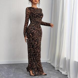 Women'S Elegant Aesthetic Leopard Mesh Ruched Bodycon,