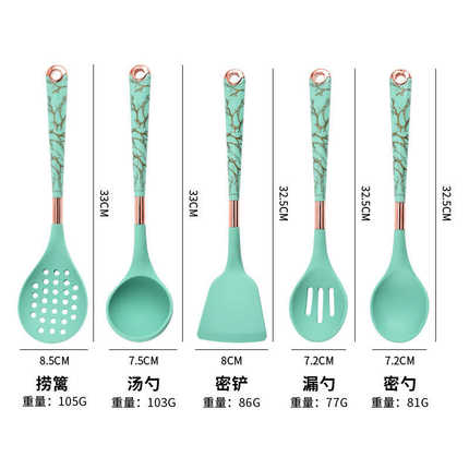 硅胶厨具套装 家用厨房硅胶炒菜锅铲汤勺炒勺煎铲镀金架子厨