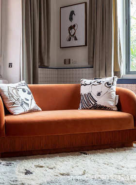 单人两人三人位沙发姜黄色流苏单椅天鹅绒蒲团沙发椅中古沙发家具