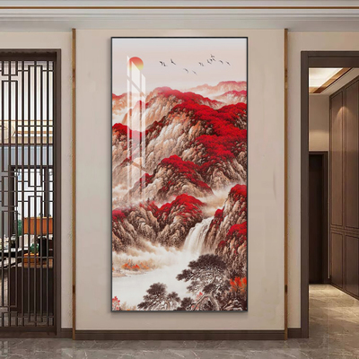 鸿运当头玄关装饰画入户门正对墙挂画走廊尽头竖版中式山水国画