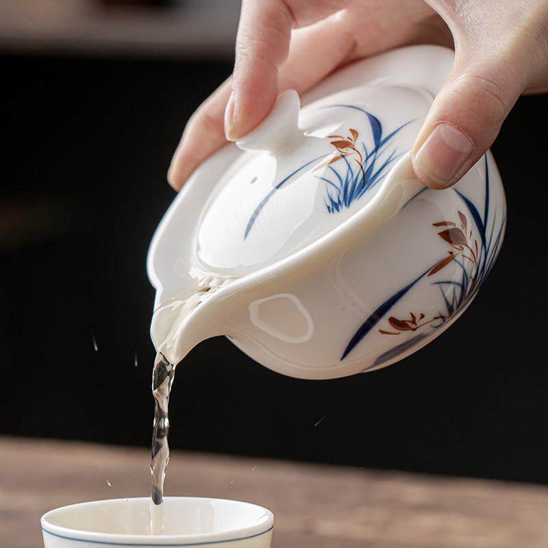 手绘手抓壶盖碗茶杯白瓷茶碗大号家用单个羊脂玉茶具不烫手泡茶杯