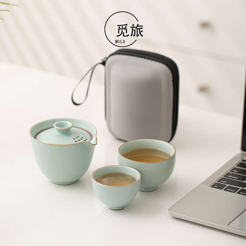 汝窑旅行茶具套装一壶二杯户外露营便携式快客杯泡茶茶杯喝茶装备