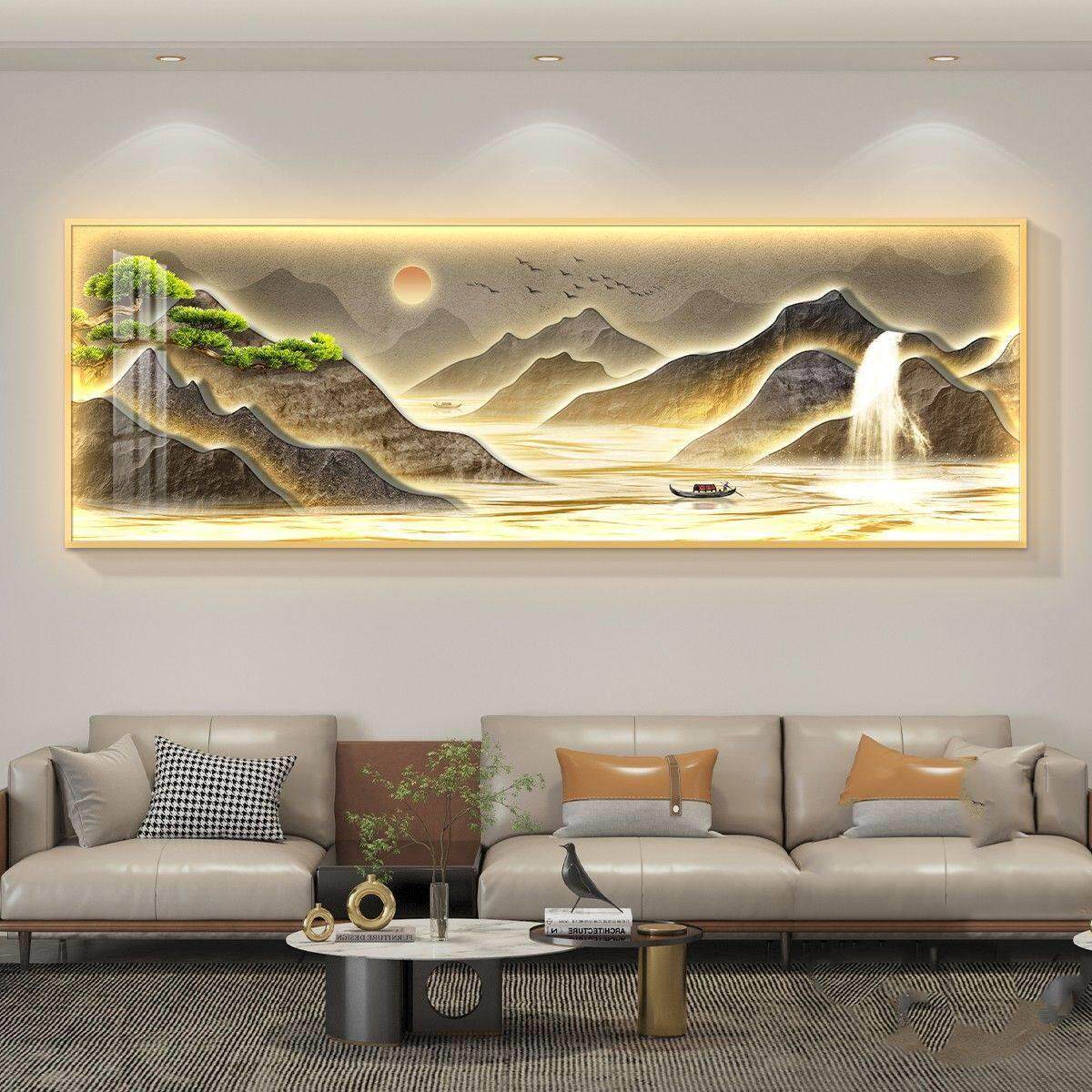 流水生财led带灯轻奢客厅装饰画沙发背景墙挂画壁画简约现代高档