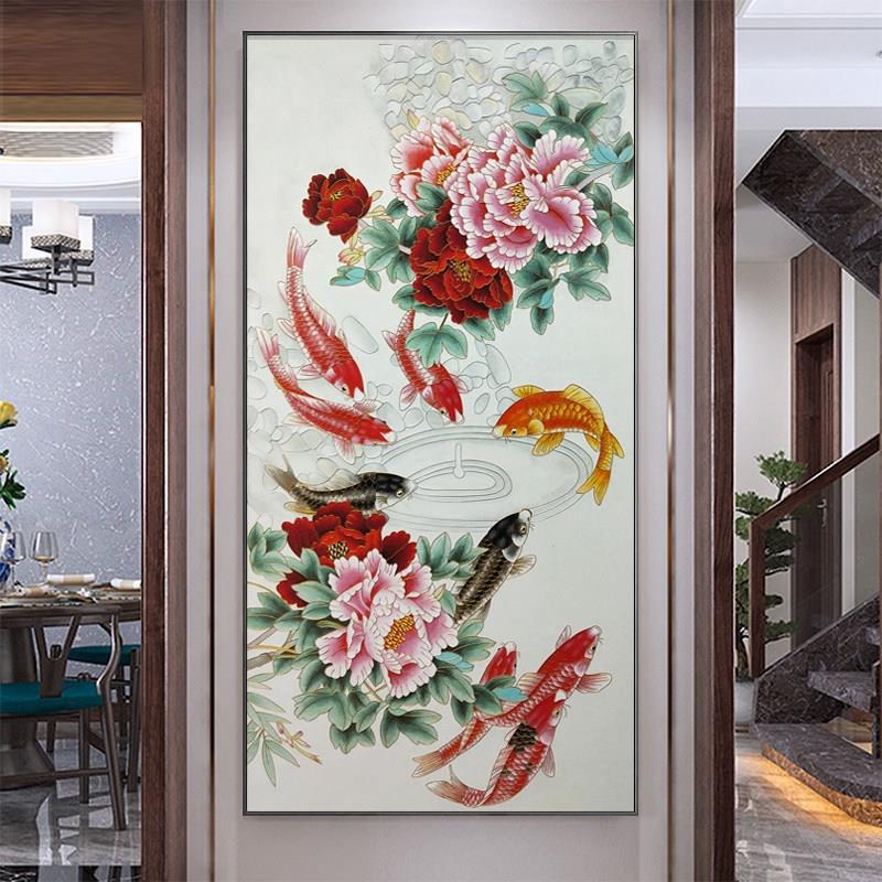 九鱼图玄关装饰画中式掐丝珐琅画聚财鲤鱼富贵牡丹走走廊过道壁画