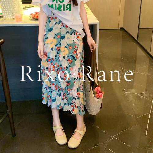 法国Rixo Rane法式轻奢复古油画碎花半身裙女艺术感高腰a字长裙