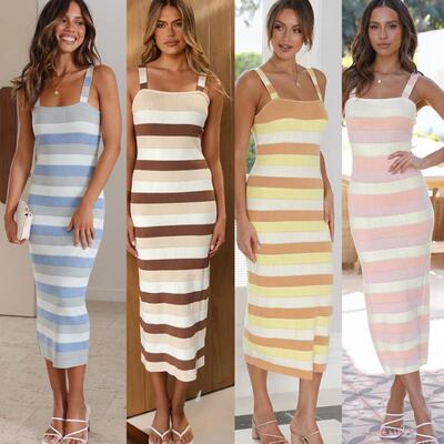 Women Striped Bodycon Midi Dress Sleeveless Square Neck