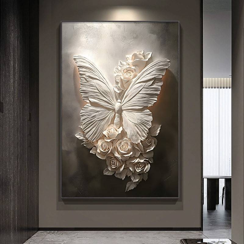 黑白蝴蝶入口装饰画、高端立体客厅挂画、沙发背景墙地板画、走廊