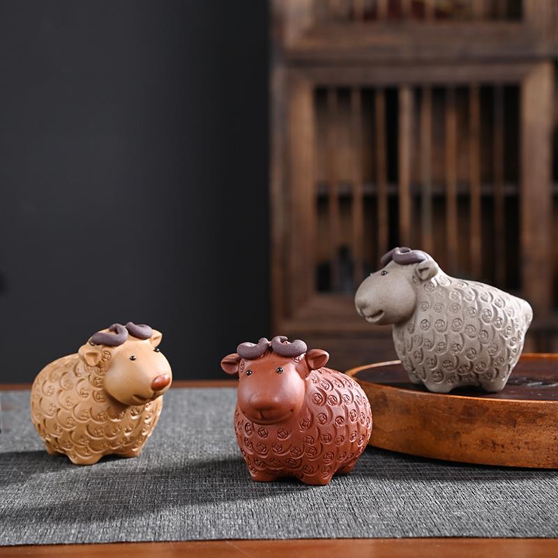 紫砂生肖羊茶宠摆件精品可养茶玩茶桌茶台招财金钱羊茶宠茶具配件