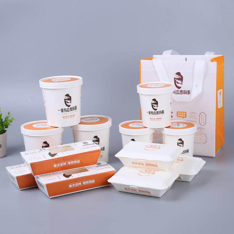 名称牛皮纸带盖汤碗一次性纸碗包装盒圆形包装碗外卖盒粥甜点午餐