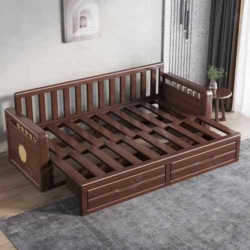 新中式推拉胡桃木床实木沙发床床家用简罗汉3小户约型客厅伸缩床