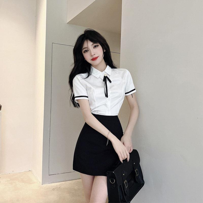 足浴技师工作服女职业气质制服纯色班服定制短袖白衬衫包臀裙夏