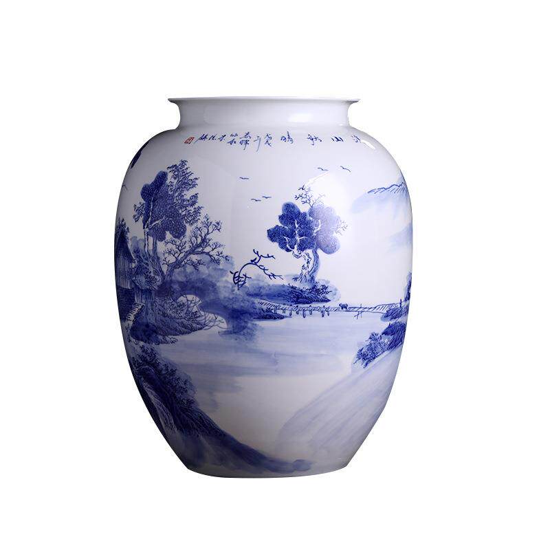 手绘釉下彩青花山水大号冬瓜瓶景德镇陶瓷装饰品玄关柜台摆设
