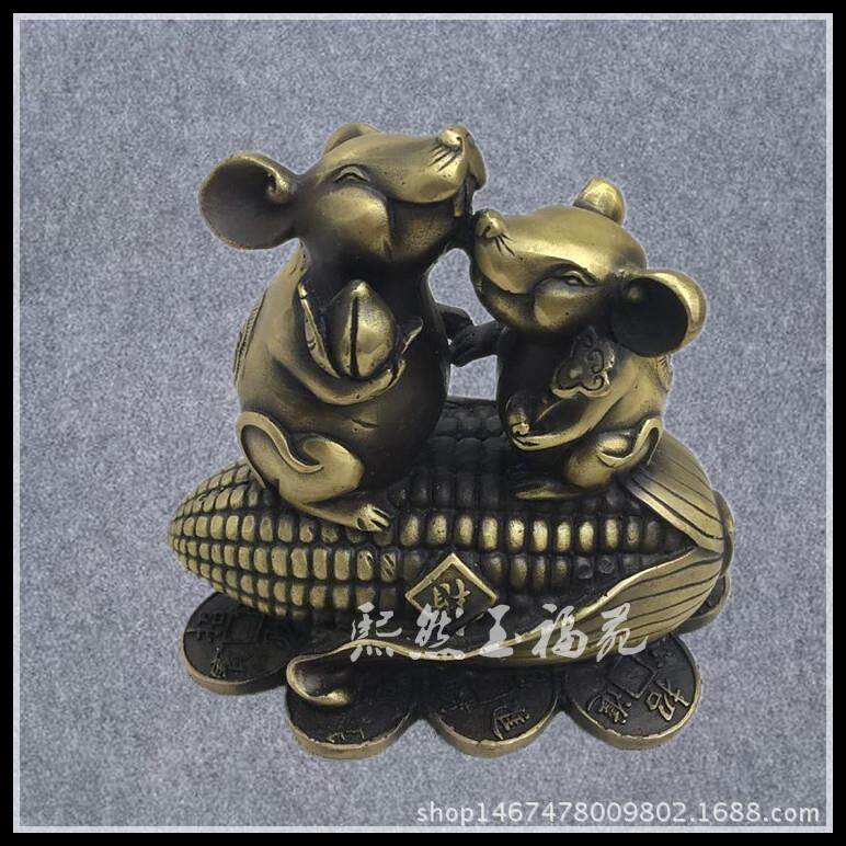 纯铜老鼠摆件 黄铜生肖鼠玉米鼠摆件仿古铜财富鼠风水工艺品摆件