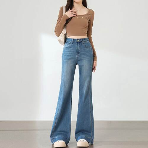 Canary Kiss蓝色高腰微喇牛仔裤女2026年新款显瘦直筒拖地喇叭裤