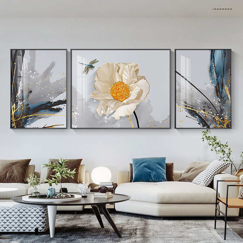 轻奢客厅装饰画北欧轻奢创意花卉墙面挂画沙发背景墙大气三联壁画图片