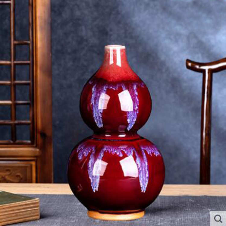 中式景德镇装饰玄关客厅复古摆件窑变博古架花瓶小号钧瓷陶瓷红色