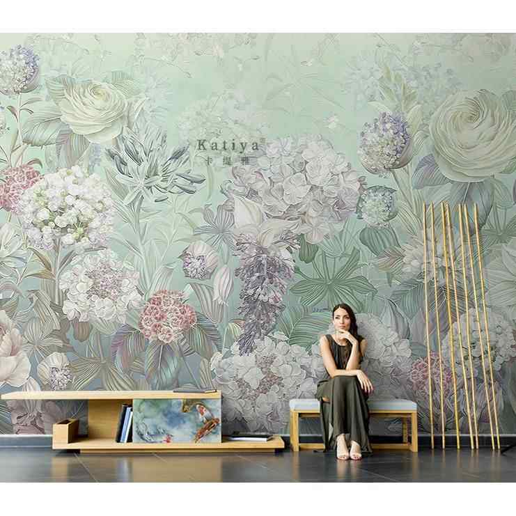 美式手绘田园花朵花群壁纸艺术客厅壁画电视背景墙花卉无缝墙布