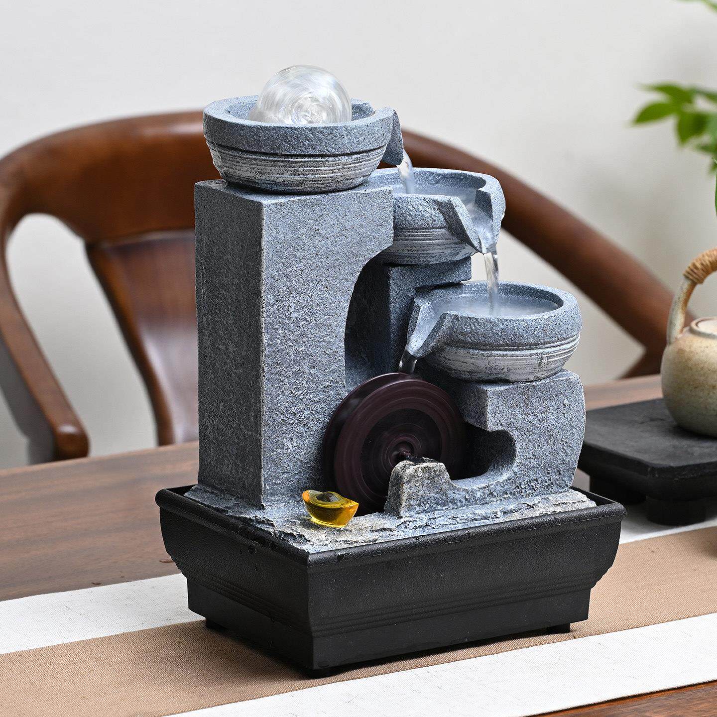 桌面流水摆件欧式生财风水轮水车茶台小型喷泉时来运转招财水晶球