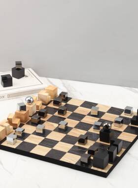 现简约创意端实木格子几何棋盘摆件客厅玄关样板间家居装饰品