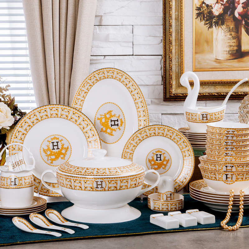 欧式餐具套装马赛克骨瓷碗盘碟60头景德镇陶瓷餐具碗盘勺礼品批发