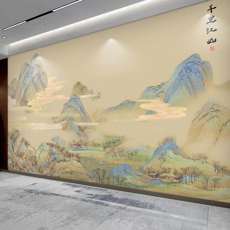 新中式千里江山图电视背景墙壁纸自粘沙发3d墙贴书房公司影视壁布