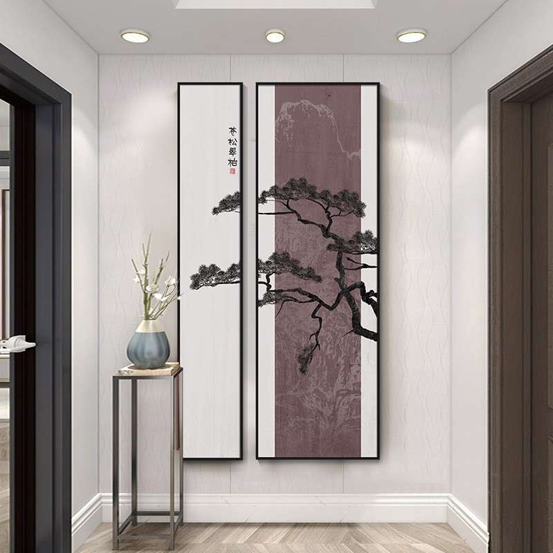 入户玄关装饰画走廊过道新中式山水挂画办公室茶室两联竖版墙壁画
