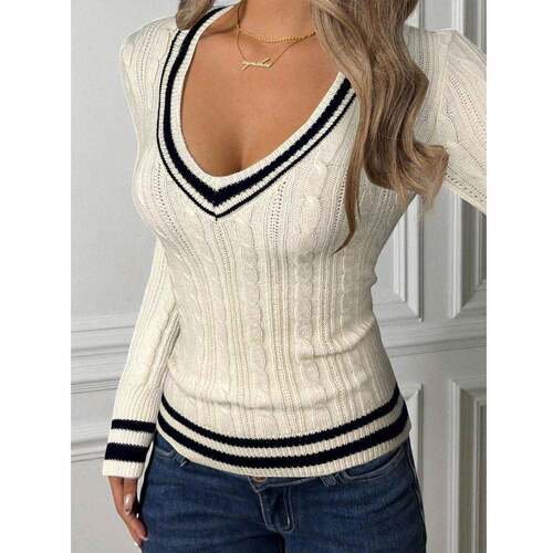 Women'S Colorblock V Neck Cable Knit Sweater, Casual,
