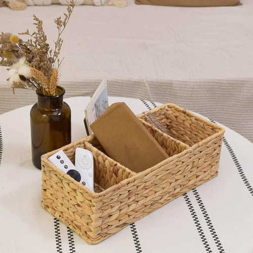 日式田园风胡芦草编织带隔断式长形桌面收纳筐杂物篮小物件整理筐