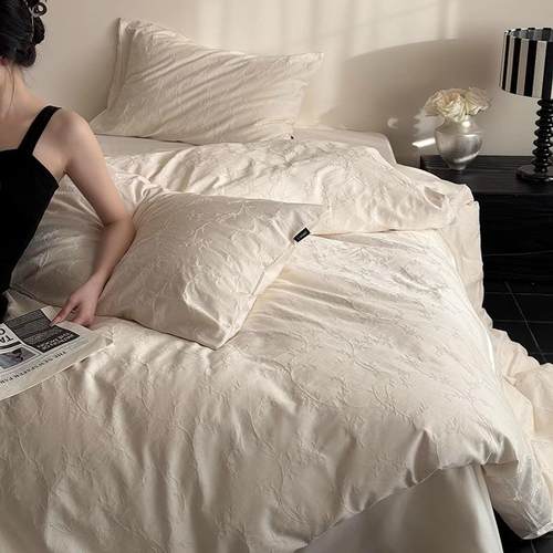 2简约风100S长绒棉四件套小清新色织提花被套全棉1.8m1.5床上用品