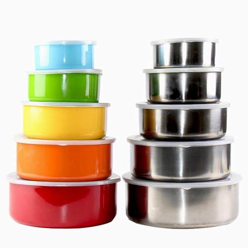 储物彩色保鲜盒不锈钢圆形带盖五件套装彩盒带磁收纳密封碗5礼品