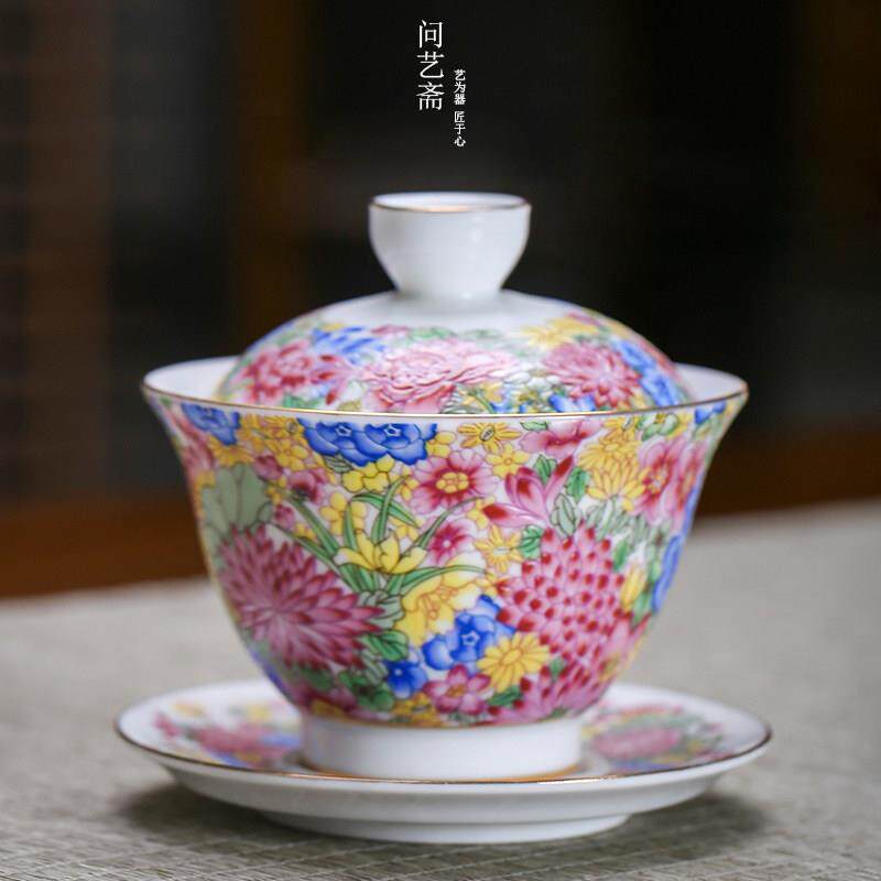 陶瓷盖碗茶具描金珐琅彩三才茶碗中号仿古万花粉彩茶杯泡茶器家用