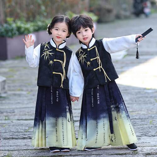 儿童汉服男童女童新中式儿童马面裙套装少爷服国学唐装古装演出服
