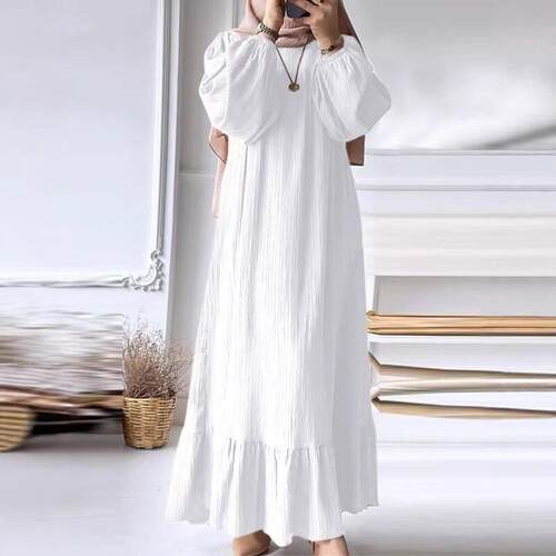 Solid Textured Belted Ruffle Hem Arabian Dress Casual