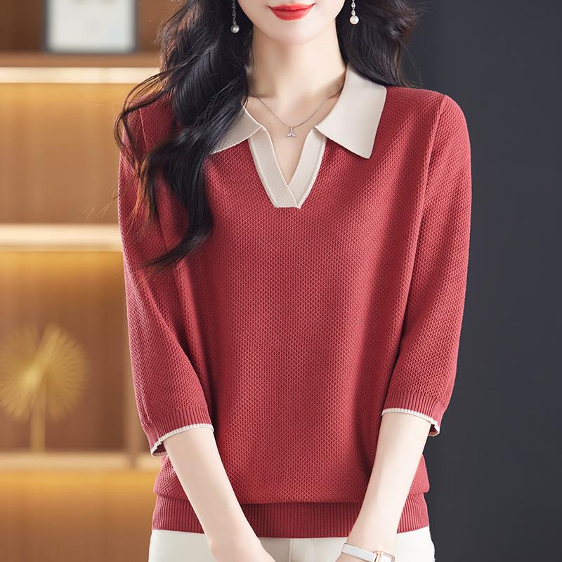 冰丝针织衫翻领上衣女秋季新款妈妈装宽松大码七分袖打底衫t恤薄