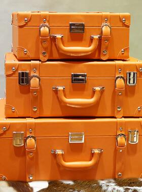 橙色皮质手提箱衣帽间样板间收纳箱样板房储物整理箱橱窗陈列摆件