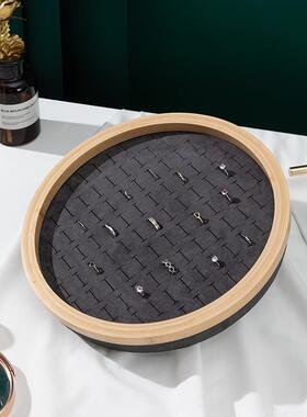 高档戒子饰品盒陈耳列圆形钉首饰尘架收纳带盖防实木百展位示戒指