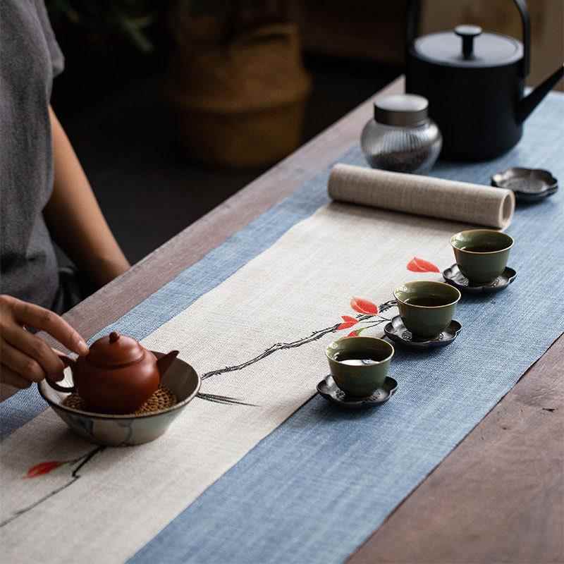 手绘茶席棉麻布艺禅意防水茶桌布茶盘垫中式桌旗双层功夫茶道配件