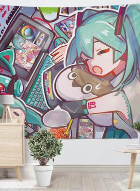初音未来挂布miku卡通插画墙布装饰卧室宿舍挂毯二次元背景布